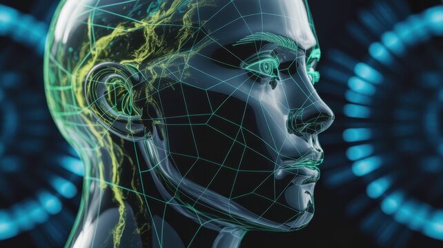 Futuristic Humanoid Face with Geometric Mesh Represents Artificial Intelligence and Cybernetics