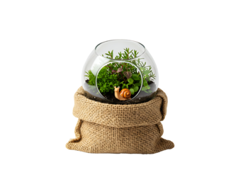 A delicate miniature garden encased in a glass orb, featuring vibrant greenery and a small decorative snail figure, presented on a rustic burlap base