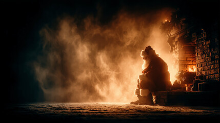 individual seated on a chair, dimly lit room, deep black and rich brown tones, filmic ambiance, long exposure effect, suitable for website banner, social media header, presentation background