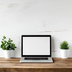 Fototapeta premium Rustic wooden counter with a minimalist home office setup featuring a laptop plants and other accessories for professional product presentation and workspace
