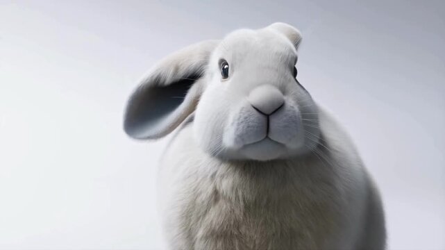 Full-face close-up of arctic hare isolated on white background, hyper-realistic 3D wildlife video