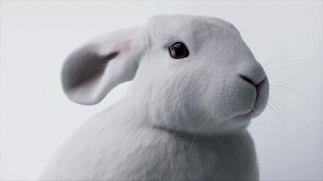 Full-face close-up of arctic hare isolated on white background, hyper-realistic 3D wildlife video