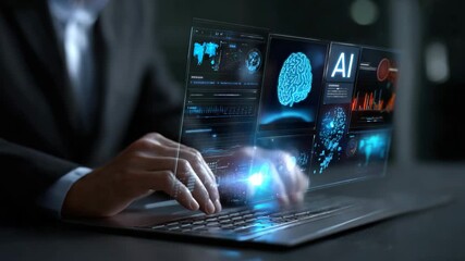 Dynamic AI data insights displayed on modern laptop, professional using artificial intelligence technology, analytics and futuristic data processing - Powered by Adobe