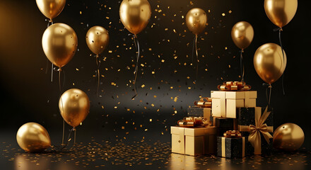 Elegant golden balloons and gift boxes with falling confetti for a luxurious celebration