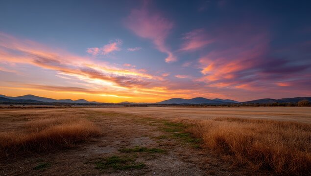 Dramatic sunset over rolling hills and golden fields creating a scenic vista of rural landscape in nature