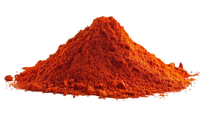 Pile of red paprika powder with vibrant ground chili spice texture and rich savory seasoning mound for cooking isolated on white background