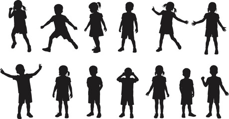 Obraz premium Children silhouette, standing kids, playful poses, gesture variety, black figures, expressive movement, boy girl mix, posture study, vector art, educational use