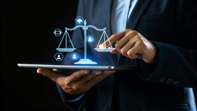 Legal assistant using artificial intelligence on a tablet to provide legal advice and services to clients online in the digital age - Powered by Adobe