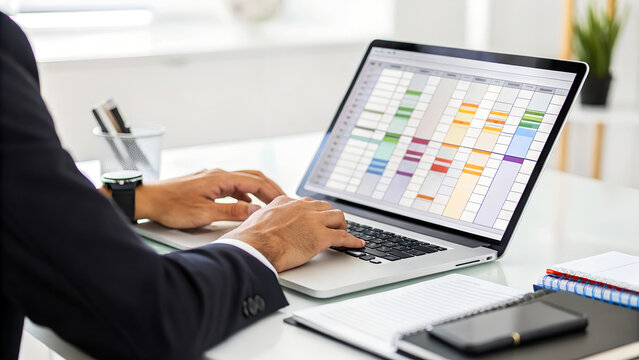 Professional businessman using laptop with calendar application for appointment scheduling and time management, sitting at his office desk