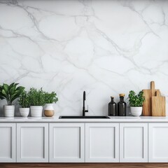 Fototapeta premium Luxurious modern kitchen interior featuring a white marble backsplash and a high end product display arrangement on a sleek white stone surface