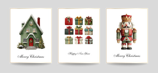 Merry Christmas and Happy New Year greeting cards templates. Watercolor vector winter elements -illustrations for posters, banners, backgrounds or greeting cards. Nutcracker, winter house, presents.