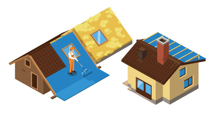 Isometric home renovation scene with roofer waterproofing and completed house
