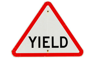 Triangular yield sign with bold black text on transparant background conveying a directional message