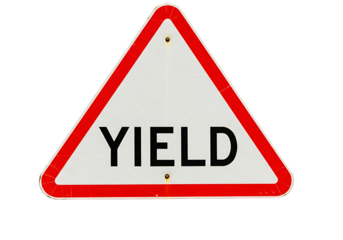 Triangular yield sign with bold black text on transparant background conveying a directional message
