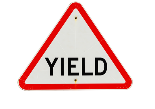 Triangular yield sign with bold black text on transparant background conveying a directional message