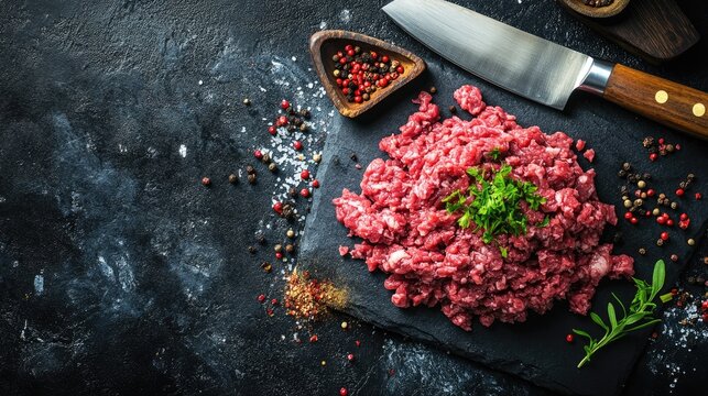 Raw minced beef and pork arranged artistically on dark stone with butcher knife and spices, creating professional food styling look