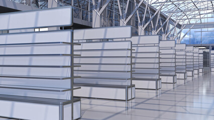 Large retail space with white gondola shelving, glossy floor, glass walls, clear roof overlooking the cloudy sky. 3d illustration © Wire_man