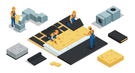 Obraz premium Construction workers installing insulation panels in isometric style for building projects