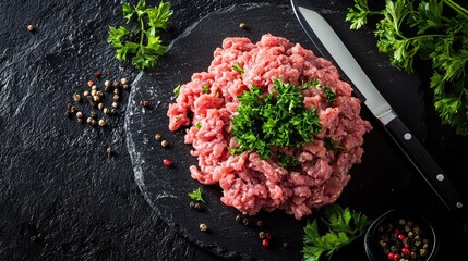 Raw minced pork and beef formed into a pile on a black stone surface, with knife, parsley, and spices placed artistically around