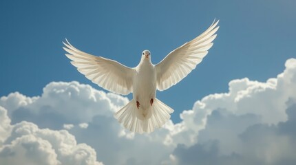 Fototapeta premium A white dove flies gracefully through a cloudy blue sky