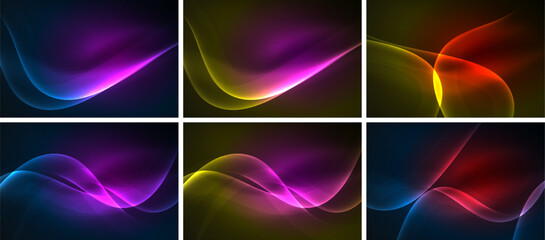 Abstract colorful waves, six panels. Smooth gradients, dynamic curves, vibrant hues create flowing patterns. Modern design elements.