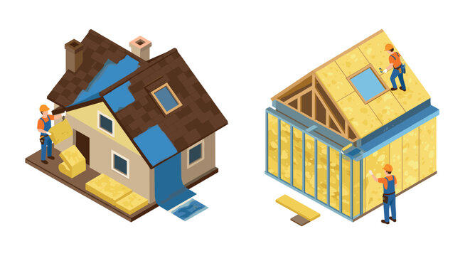 Isometric home insulation process featuring construction workers and roofing