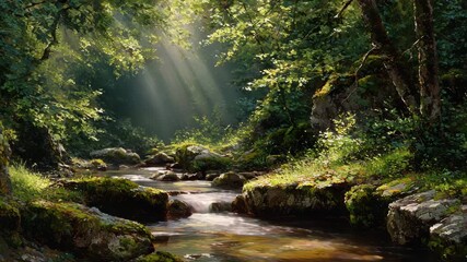 Sunlight streams through a lush forest canopy, illuminating a peaceful stream flowing over rocks, creating a sense of calm and natural beauty