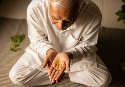 An elderly Indian man applying herbal oil to his hands. Ayurvedic self-care and traditional medicine ritual. Natural wellness and holistic healing concept