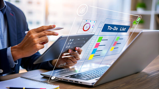 Businessman using tablet and laptop with virtual interface of todo list on screen, concept of business, technology, and planning