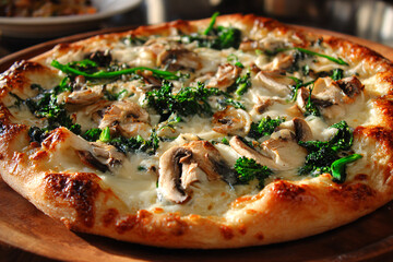 White pizza with mushrooms and broccoli.
