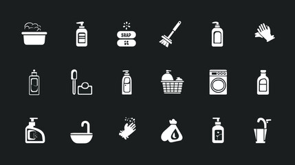 Collection of Cleaning and Laundry Supplies Icons.
