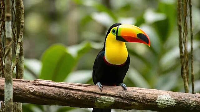 Toco Toucan in Habitat: A vibrant toco toucan perches on a branch in its natural habitat, its colorful beak and plumage showcasing the beauty of tropical wildlife.