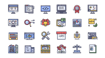Collection of Flat Color Line Icons for Technology and Business.