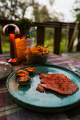 Grilled Beef Steaks with Mushroom Sauce and french fries