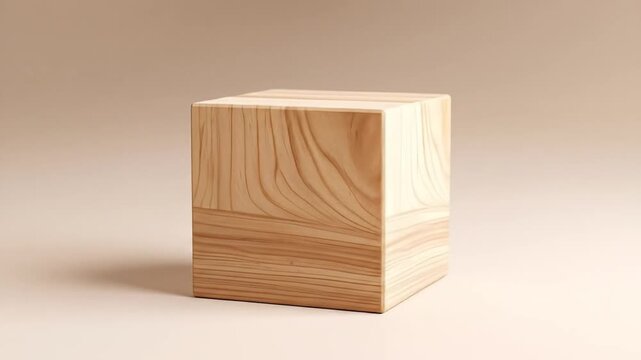 A natural wood block stands centrally on a plain surface with a neutral background