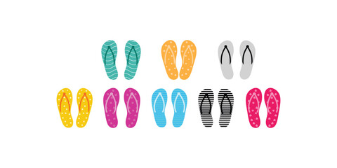 Colorful flip flops collection, summer beach slippers vector illustration , tropical vacation footwear design for travel  holiday pool party,  seaside resort and beachwear fashion.