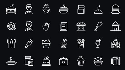 Collection of various food and restaurant related line icons on a dark background.