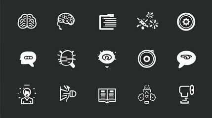 Collection of White Icons Representing Brain, Document, Settings, Chat, Search, and Other Concepts on a Dark Background.