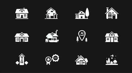 Collection of White House Icons on Black Background Representing Real Estate and Property.