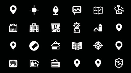 Collection of white map and location icons on a black background.