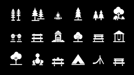 Collection of White Icons Representing Park and Outdoor Elements.