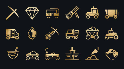 Golden Mining and Mineral Extraction Industry Icon Set.