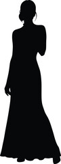 Elegant woman silhouette, long dress fashion, formal evening wear, graceful pose, black contour, stylish model, beauty, glamour, design, art