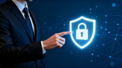 Cyber security solutions business man pointing at security shield digital protection data privacy concept