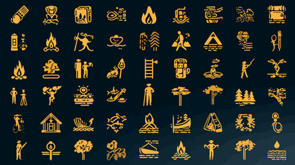 Golden Icon Set Depicting Various Outdoor Activities and Elements.