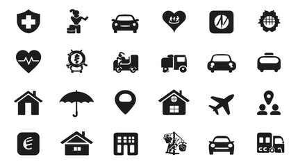 Insurance and protection icons representing various aspects of life and security.