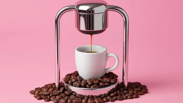 Coffee brewing process: espresso machine pouring into mug surrounded by beans