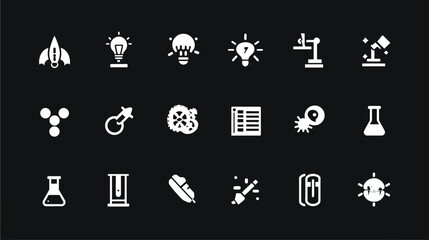 Set of white science technology and innovation glyph icons.