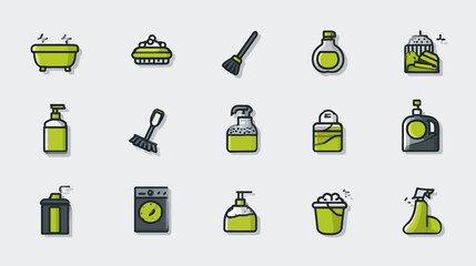 Vector Icon Set of Cleaning Supplies and Household Equipment.