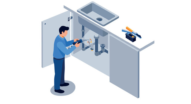 Isometric plumbing repair worker fixing kitchen pipes with tools